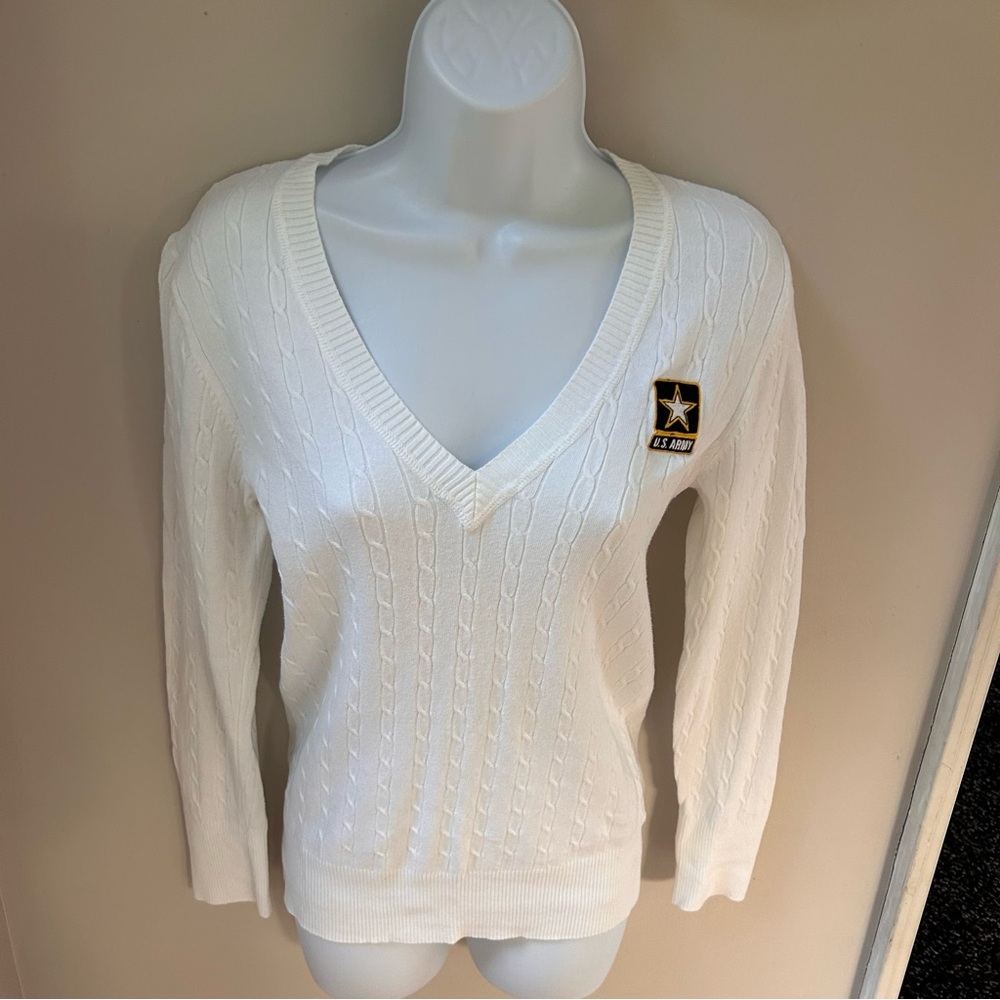Old Navy Women's White V-Neck Sweater with Custom Embroidered US Army Emblem